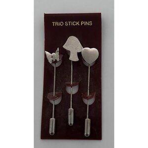 Trio Stick Pins Pin Butterfly Mushroom Heart Silver Tone Vintage Accessories